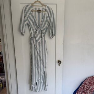 Reformation Striped Long Sleeve Tie-Front Dress in Light Blue and White